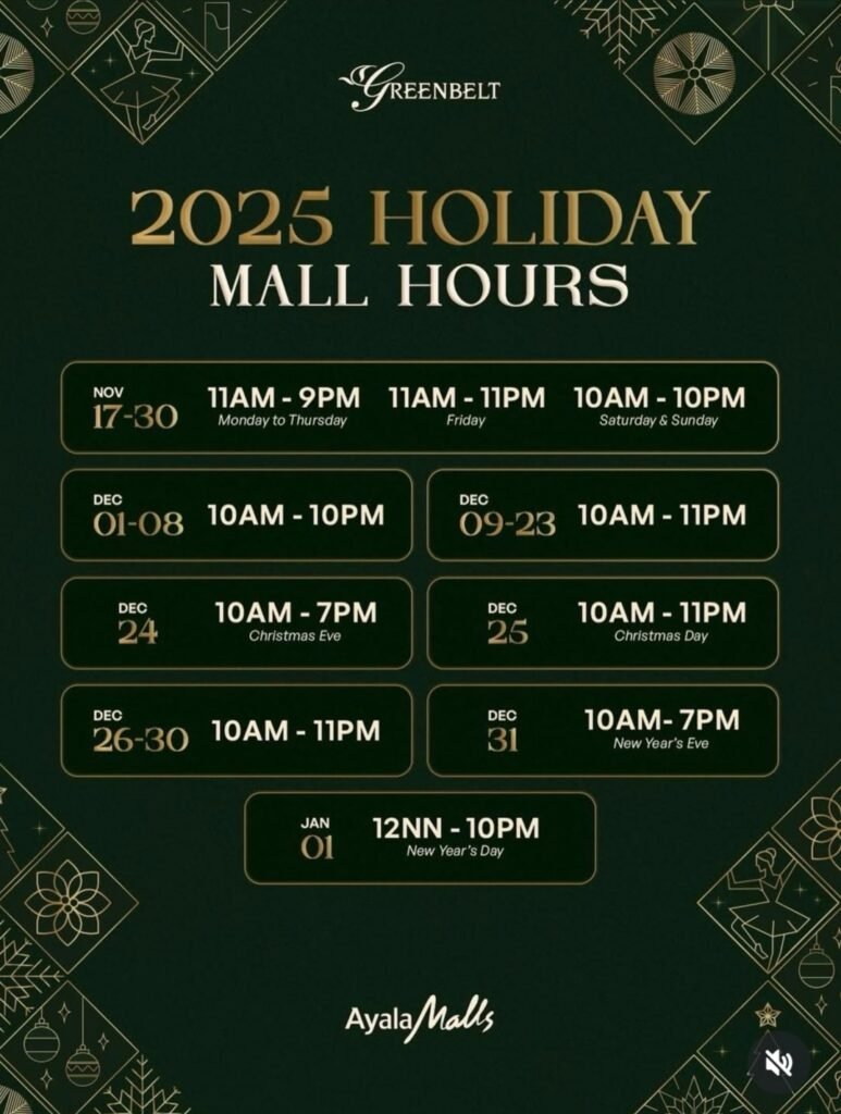 Greenbelt holiday mall hours philippines 2025