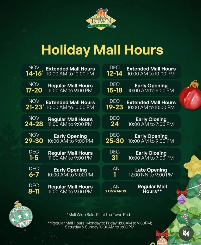 Alabang Town Center holiday mall hours philippines 2025